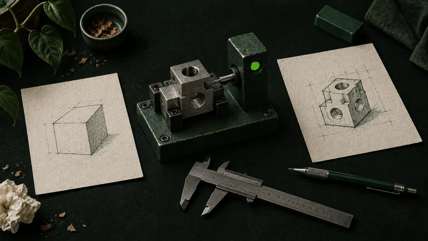 Illustration of a finished workpiece checked in a test fixture beside a caliper